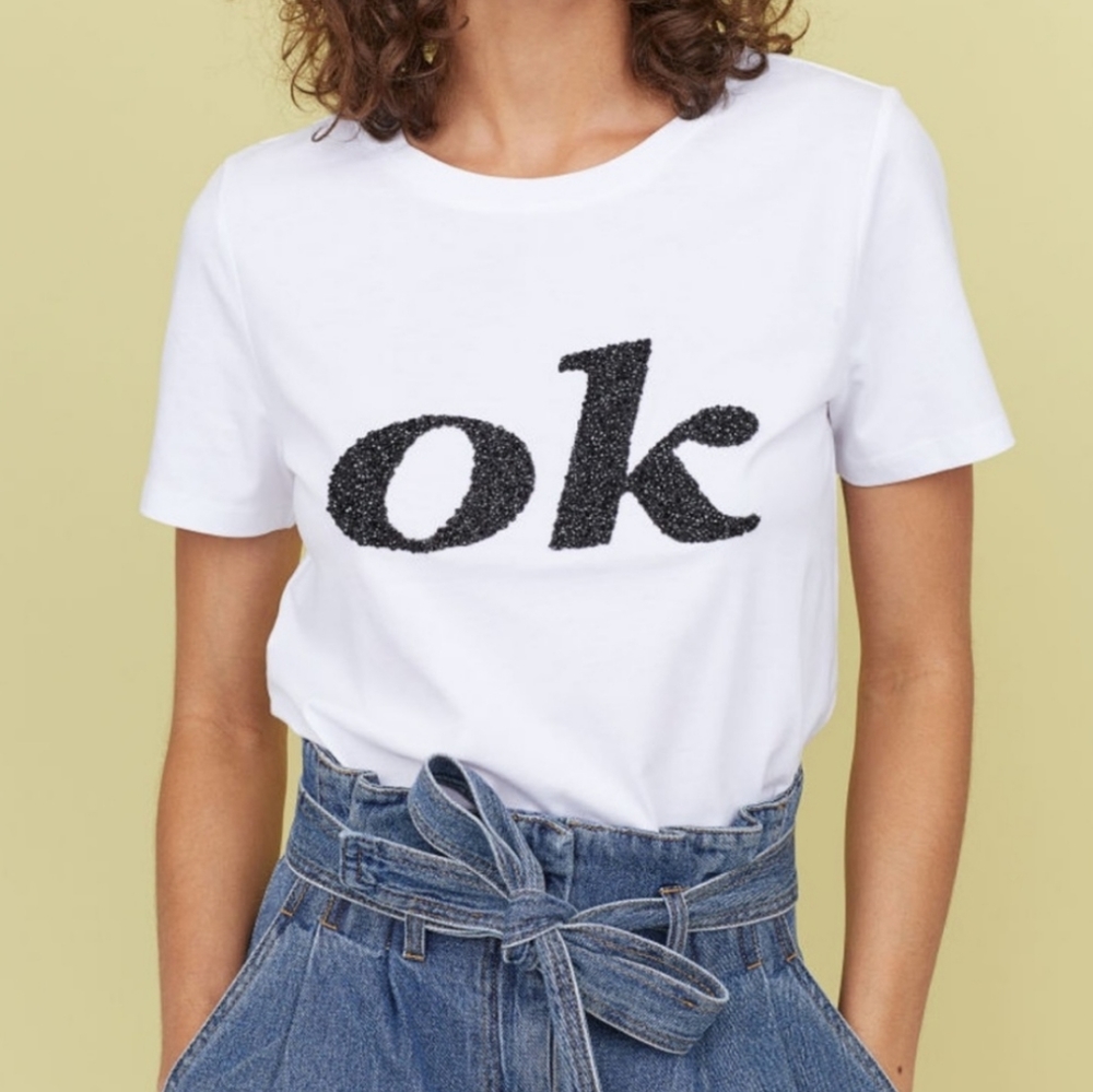 H&M White With Black Beaded OK Short Sleeve T-shirt
